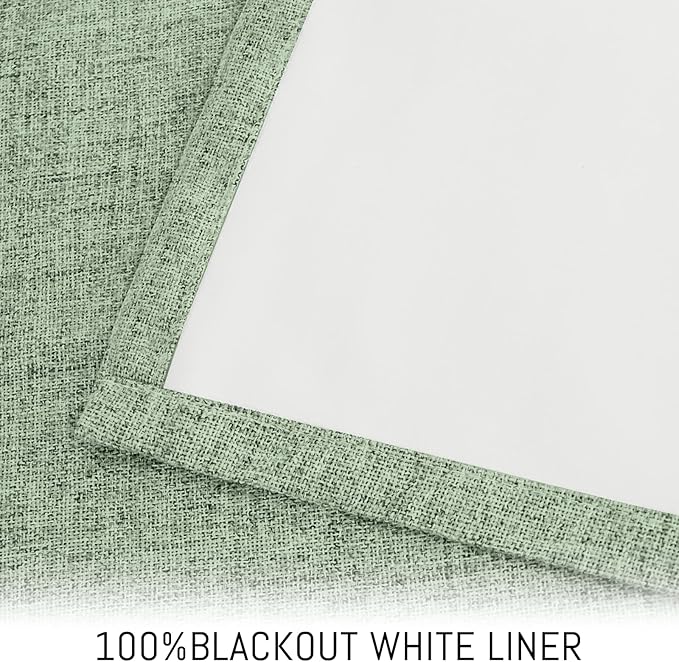 Yakamok Light Sage Green Linen Curtains 100% Blackout 96 Inches Long,Room Darkening Textured Curtains for Living Room Thermal Grommet Bedroom Curtains 2 Panels with White Liner