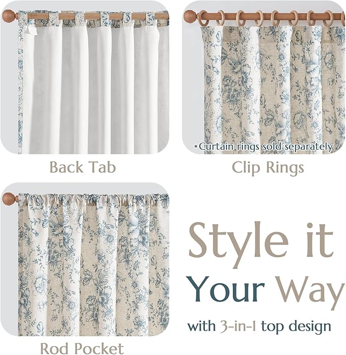 jinchan Lined Linen Blend Curtain Floral Curtains for Living Room 96 Inches Long Blue Peony Flower Printed Curtain Rod Pocket Back Tab Farmhouse Patterned Drapes Bedroom Window Curtains Set 2 Panels
