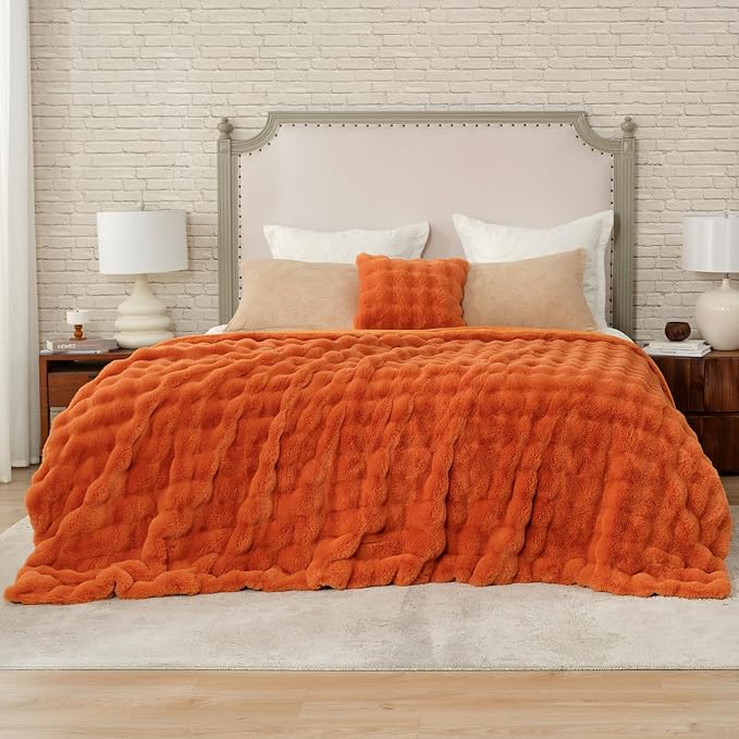 Cozy Bliss Faux Fur Throw Blanket for Bed King Size, Bubble Plush Blanket, Fuzzy Soft & Thick Blanket for Fall Bed Sofa Living Room, 108x90 Inches Halloween Burnt Orange