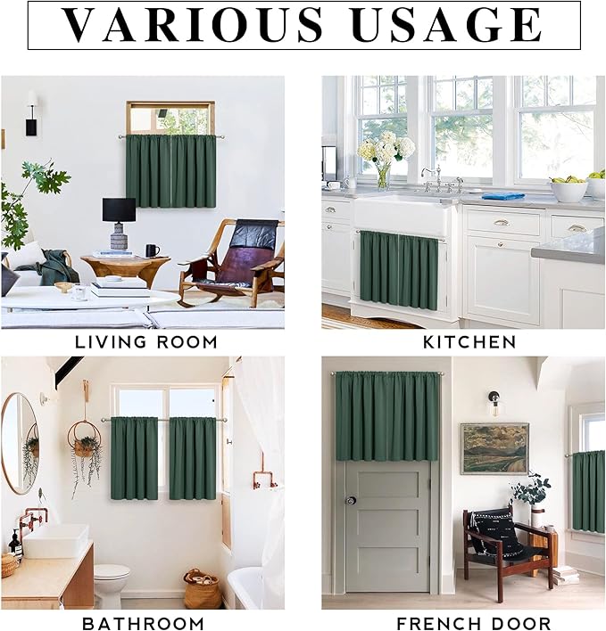 RYB HOME Short Blackout Curtains for Small Window, Sunmmer Heat Light Blocking Privacy Protection Curtains for Sunroom Laundry Room Stair Window, Width 52 by Length 36, Dark Green, Set of 2