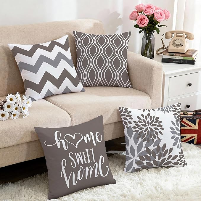 Hexagram Geometric Grey Pillow Covers 20x20 Set of 4, Decorative Outdoor Boho Modern Throw Pillow Covers, Home Sweet Home Farmhouse Cushion Case for Couch Sofa Bedroom Indoor Decor(No Insert)