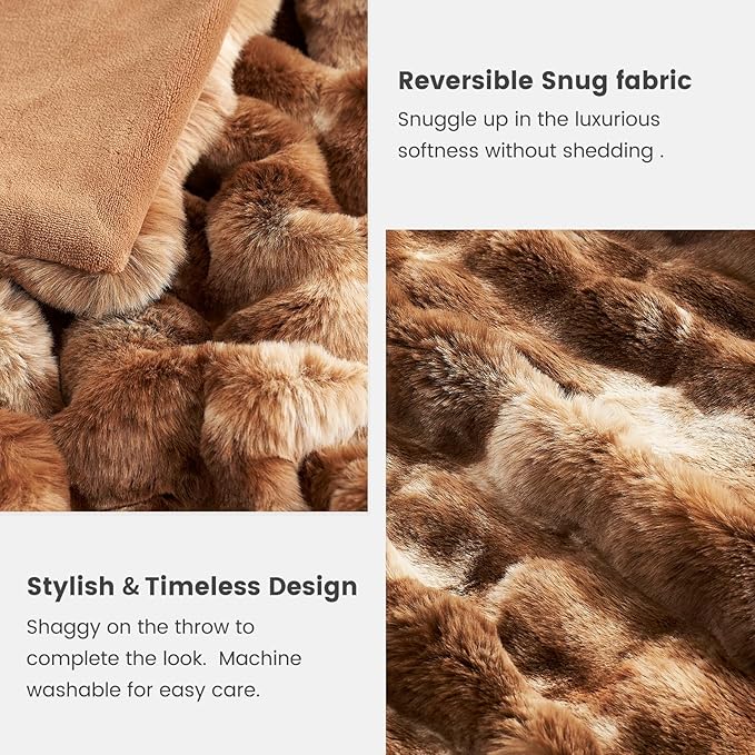 Cozy Bliss Faux Fur Throw Blanket for Bed Queen Size, Fuzzy Soft Plush Thick Bubble Blanket for Bedroom Living Room, 90x90 Inches Tie-dye Brown