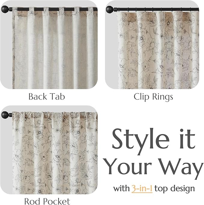jinchan Linen Floral Curtains for Living Room 84 Inch Length Grey Flower Curtain Rod Pocket Back Tab Farmhouse Curtains with Printed Floral Bedroom Window Curtain Set, 2 Panels Gray