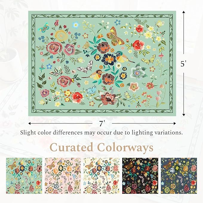 Rugflix 5x7 Washable Area Rug for Living Room, Soft Non Slip Low Pile Carpet, Floral Vintage Stain Resistant Rugs for Bedroom, Dining Room, Home Office, Green