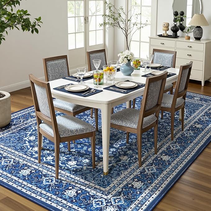 Lofus 5x7 Area Rugs for Living Room, Machine Washable Non-Slip Area Rug, Low Pile Large Rugs for Bedroom, Kitchen, Dining Room, Home Office, Vintage Oriental Print Rug, Dark Blue with White