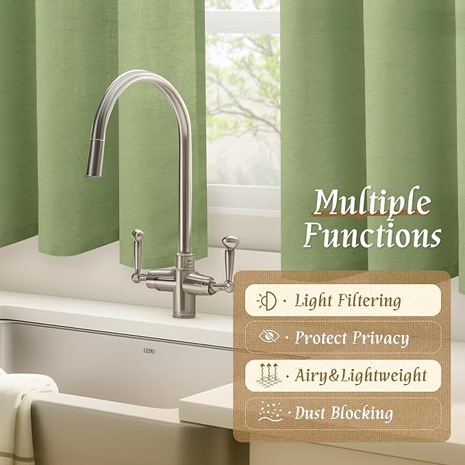 LAMIT Sage Green Linen Curtains for Small Windows, 45 Inches Long Light Filtering Panels Rod Pocket Neutral Privacy Drapes for Kitchen/Window/Bedroom, 2 Panels, 42 x 45 Inch