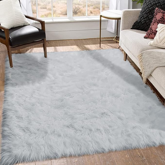 Goolela Grey Area Rug 6x9 Fluffy Fuzzy Shag Rug for Living Room Bedroom Faux Sheepksin Fur Soft Shaggy Luxury Rectangle