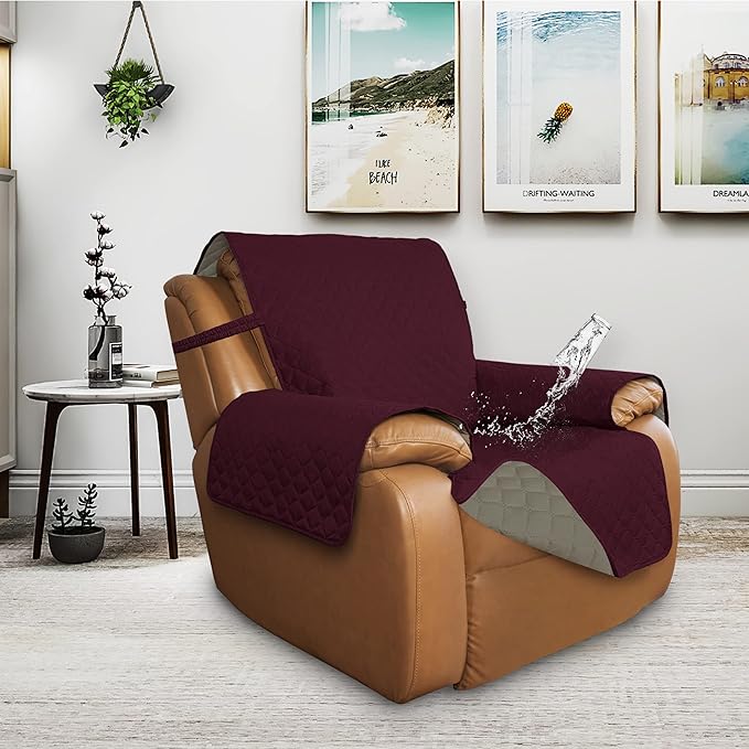 ISSUNTEX Double Protection 100% Waterproof Recliner Covers for Living Room, Reversible Furniture Protector Recliner Couch Sofa Slipcover for Dogs, Pets, Kids (Oversized Recliner, Wine/Beige)