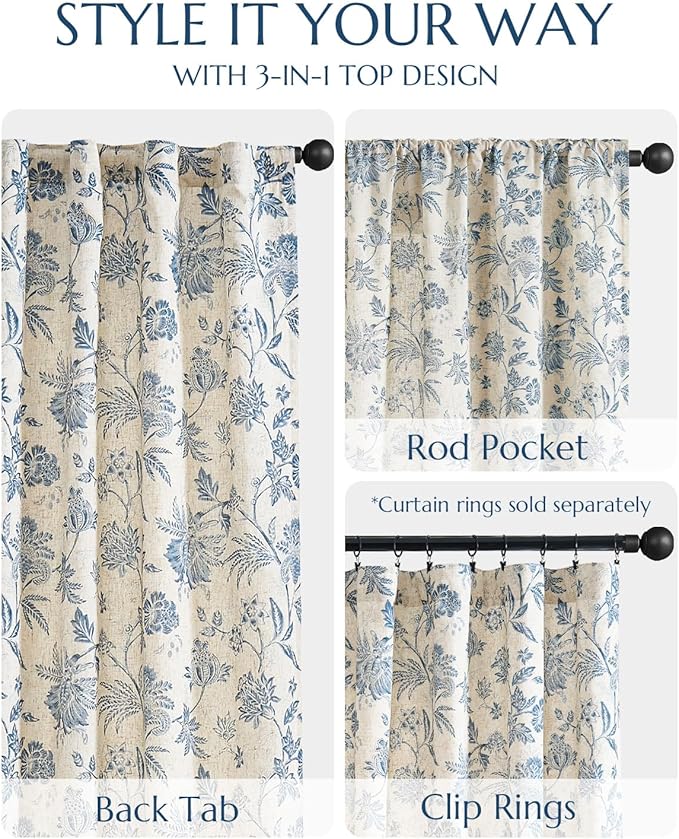 jinchan Lined Linen Floral Curtains for Living Room, 63 Inch Length Printed Flower Farmhouse Patterned French Country Back Tab Blue Window Drapes Set Privacy Bedroom Curtains, 2 Panels