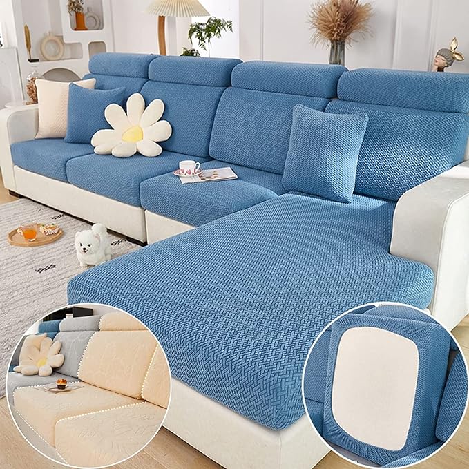 Couch Cushion Covers for Sofa Couch Covers Wear-Resistant Universal Sofa Cover Washable Stretch for Sectional Slipcovers (Texture-Blue,Large Double Seat Cover)
