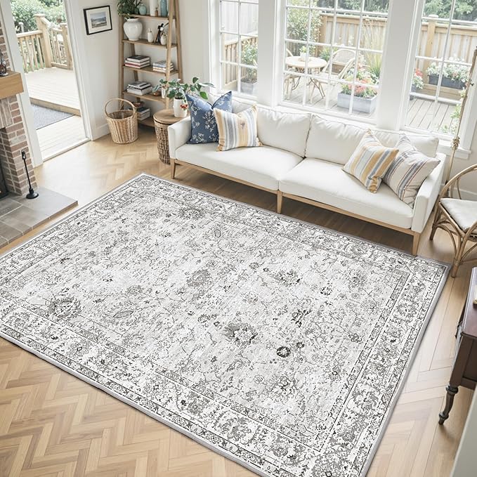 Washable Area Rug 8x10 Gray, Large Soft Rugs for Living Room Floral Grey White Carpet 8x10 Area Rugs for Bedroom Dining Room Non-Slip Stain Resistant Under Table Rug (8 x 10, Grey White)