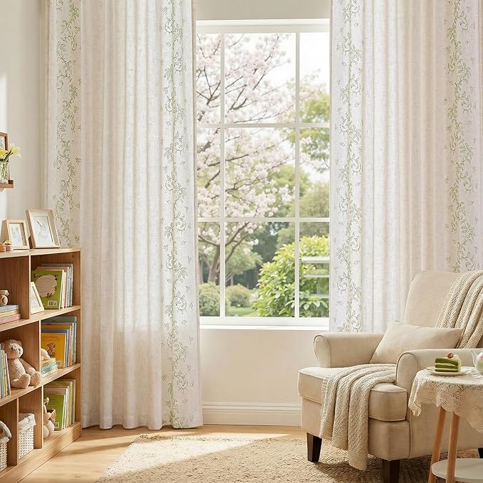 jinchan Evelyn Embroidered Linen Curtains for Living Room Elegant Farmhouse Semi Sheer Light Filtering Curtains 84 inches Long Cottage Sage Green Floral Window Drapes Rod Pocket Back Tab 2 Panels