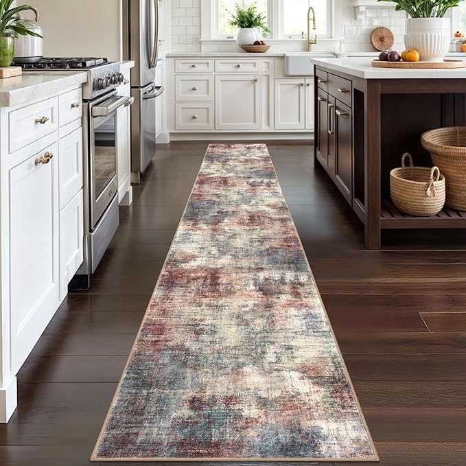 IOHOUZE Abstract Runner Rug 2x12 Ft Washable Runners for Hallways, Non Slip Kitchen Runner Printed Faux Wool Entryway Runner Indoor, Modern Abstract Floor Carpet for Hall Kitchen, Red/Multi