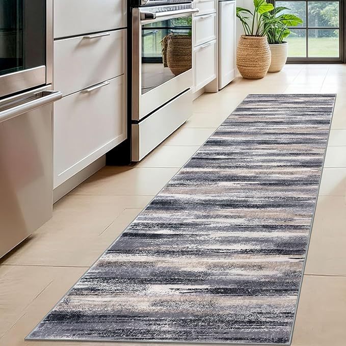 Lansny Modern Abstract Hallway Runner Rug, Grey Black Multi Washable Kitchen Runner Non-Slip Soft 2x8 Runner Rug Thin Print Faux Wool Carpet for Entryway Bedroom Laundry Room Indoor Home Decor