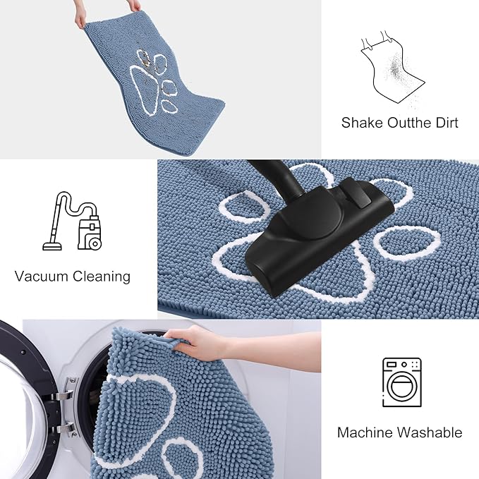 Smiry Dog Door Mat for Muddy Paws, Absorbent Dirt Trapper Non Slip Quick Dry Washable Chenille Mat for Mud Dogs, Entry Rug for Indoor and Outdoor (47x32 Inches, Airy Blue and White)