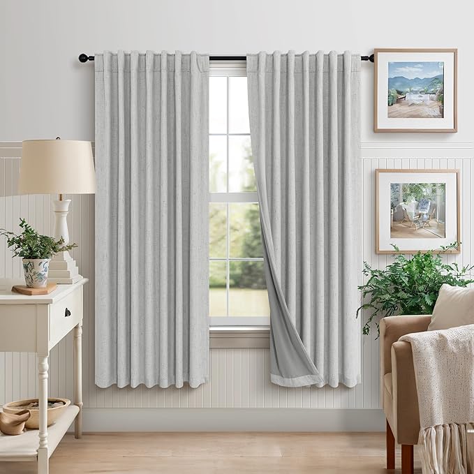Pitalk 63 Inch Length Curtains for Living Room Black Out 2 Panel Faux Linen Rustic Country Farmhouse Style Room Darkening Light Gray Blackout Curtains for Bedroom Dove Grey 52 x 63 Inches Long