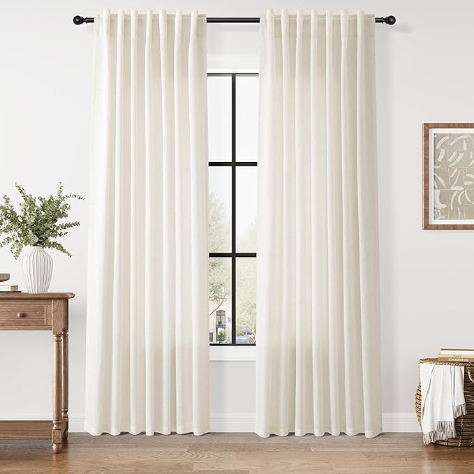 Nanspring Modern Linen Curtains 84 Inch Length 2 Panels Set for Living Room Light Filtering Semi Sheer Curtain Back Tab Neutral Luxury Modern Farmhouse Decor Linen Blend Drapes for Bedroom 52x84