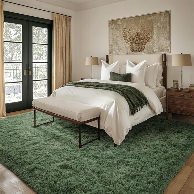 9x12 Ft Extra Large Shag Green Area Rug for Living Room, Ultra Soft Fluffy Furry Rugs for Bedroom Classroom Indoor Floor, Aesthetic Carpet for Kids Home Decor