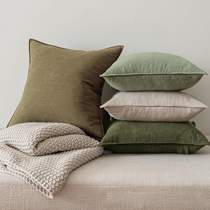 MIULEE Green and White Pillow Covers Pack of 4 Decorative Natural Solid Throw Pillow Covers Soft Accent Boho Farmhouse Couch Pillowcases Modern Spring Decor for Living Room Bed Sofa 20x20 Inch
