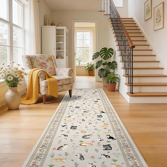 2x10 Washable Hallway Runner Rug - Soft Low Pile Floral Animal Cat Print Rugs with Non-Slip Backing Waterproof Stain-Resistant Indoor Carpet for Kitchen Entryway Bathroom Bedroom (Light Beige)