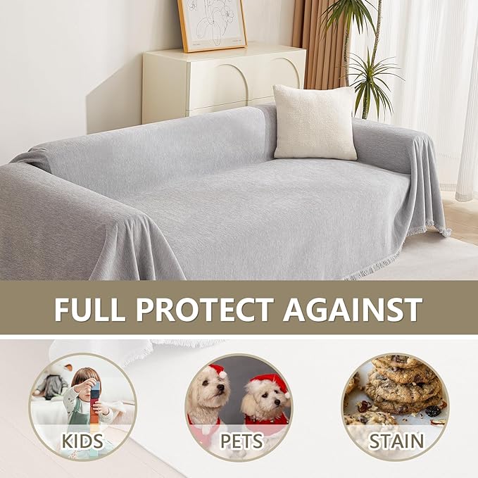 MYSKY HOME Couch Cover for Pets Light Grey Couch Covers for 2 Cushion Couch Sofa Simple Tassel Sofa Covers for Loveseat L Shaped Chenille Couch Cushion Covers for Dogs Kids Easy Install,91" X118"