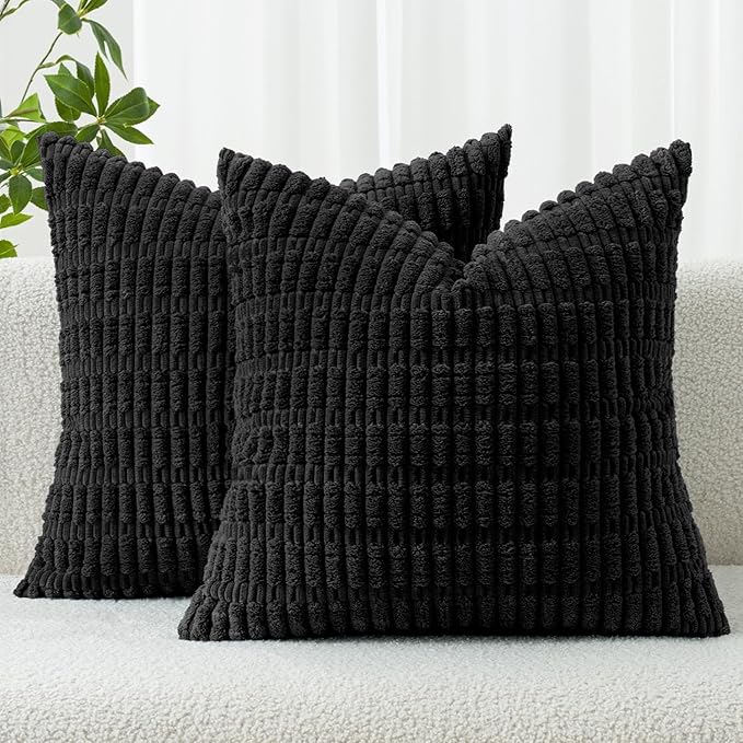 MIULEE Pack of 2 Corduroy Decorative Euro Sham Throw Pillow Covers 24x24 Inch Soft Boho Striped Pillow Covers Modern Farmhouse Home Decor for Halloween Sofa Living Room Couch Bed Black