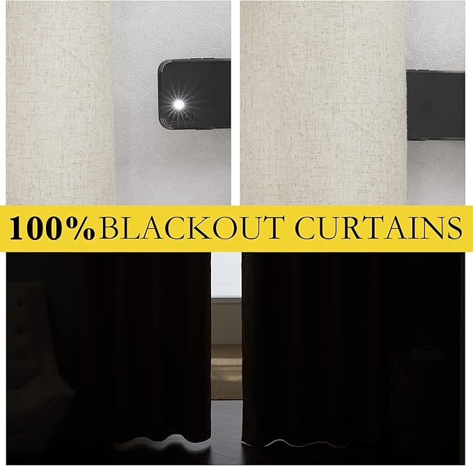 NICETOWN Natural 100% Blackout Linen Curtains 84 inch Long Burg for Living Room, 1 Pair, 62" Width Each Panel, Farmhouse Thick Completely Blackout Window Treatment Thermal Insulated Drapes
