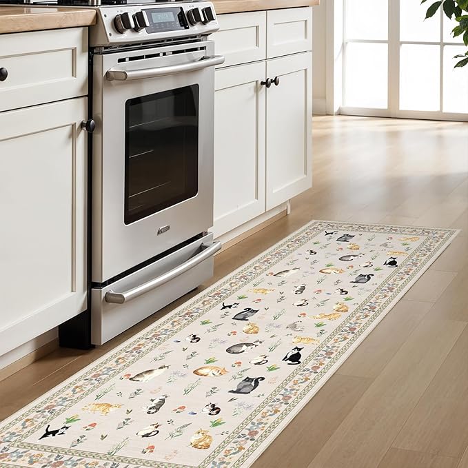 2'6"x8' Washable Kitchen Runner Rug - Soft Low Pile Floral Animal Cat Print Rugs with Non-Slip Backing Waterproof Stain-Resistant Indoor Carpet for Hallway Entryway Bathroom Bedroom (Light Beige)