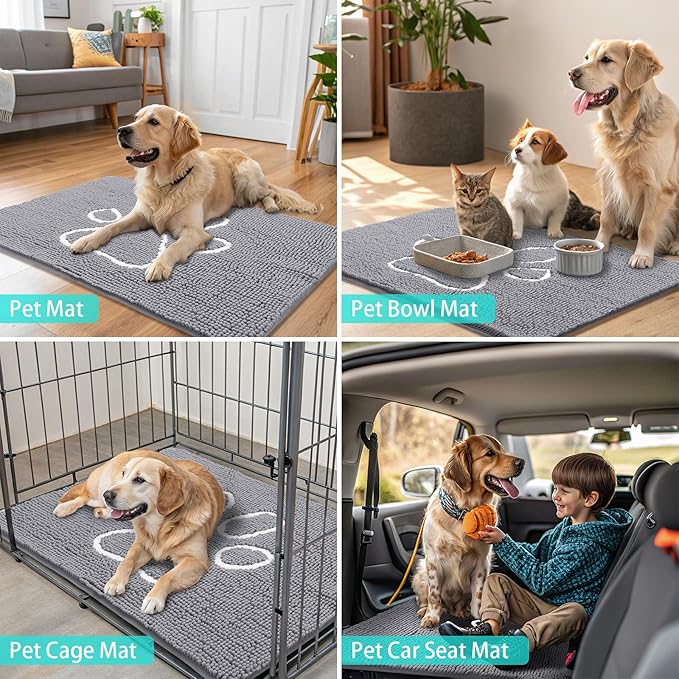 Smiry Dog Door Mat for Muddy Paws, Absorbent Dirt Trapper Non Slip Quick Dry Washable Chenille Mat for Mud Dogs, Entry Rug for Indoor and Outdoor (36x24 Inches, Grey and White)