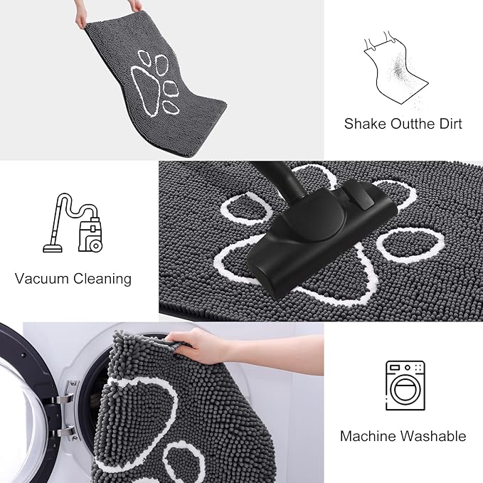 Smiry Dog Door Mat for Muddy Paws, Absorbent Dirt Trapper Non Slip Quick Dry Washable Chenille Mat for Mud Dogs, Entry Rug for Indoor and Outdoor (47x17 Inches, Dark Grey and White)