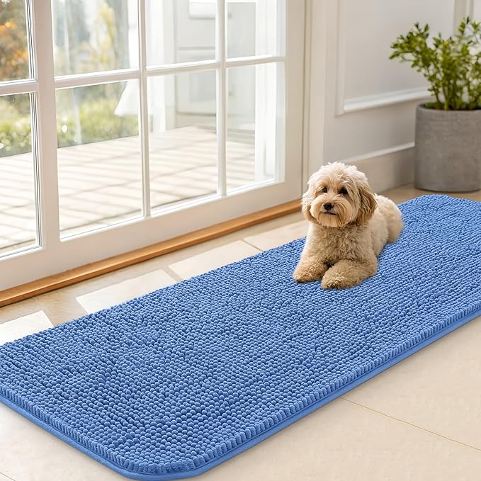 OLANLY Dog Door Mat for Muddy Paws 59x20, Absorbs Moisture and Dirt, Absorbent Non-Slip Washable Doormat, Quick Dry Chenille Mud Mat, Entry Indoor Entryway Carpet for Inside Floor, Cornflower Blue