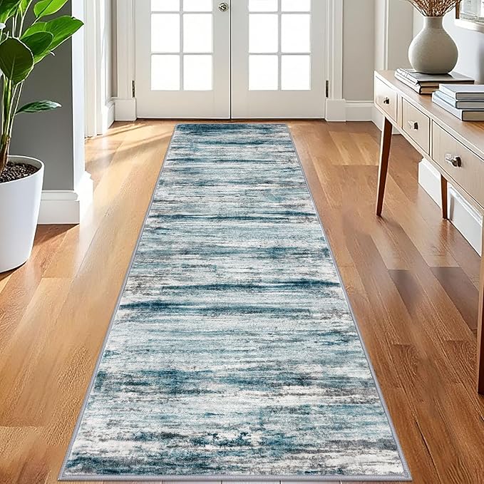KOZYFLY Runner Rug 3x8 Modern Ombre Runners for Hallways, Washable Rugs for Bedroom Non-Slip Soft Stain Resistant Striped, Print Blue Abstract Carpet for Living/Laundry/Kid Room