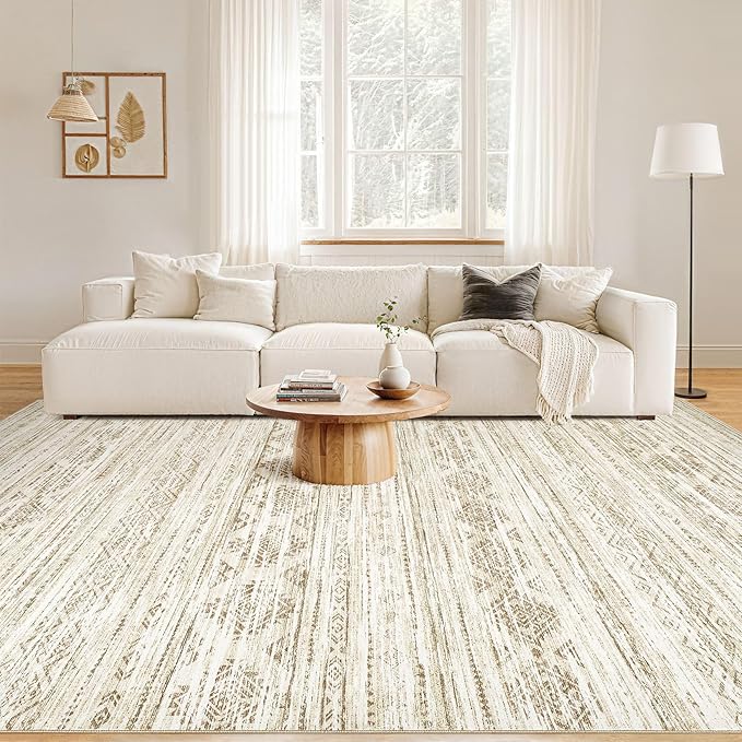 Nakagishi Area Rugs 9x12 Living Room: Washable Boho Large Neutral Modern Soft Farmhouse Beige Rug Stain Resistant Indoor Floor Non-Slip Carpet for Women Home Enthusiasts Aged 25-45 - Bedroom Room