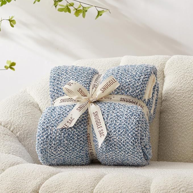 Snuggle Sac Blue Throw Blankets for Couch, Reversible Super Soft Warm Blankets Cozy Knit Blanket Fuzzy Plush Throws for Sofa, Bed, Gift, Heather Blue, 50 x 60 inches (Pack of 2)