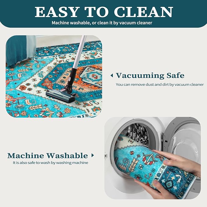 SERISSA 6x9 Area Rugs for Living Room, Large Washable Non-Slip Boho Rug, Ultra Soft Vintage Blue Oriental Tribal Print Distressed Carpet for Dining Room Bedroom Dorm Office Home Decor