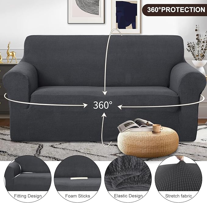 U-NICE HOME Oversized Stretch Loveseat Couch Cover Sofa Covers Washable Sofa Slipcover Furniture Protector for 2 Cushion Couch Sofa Pet Friendly, Dark Grey