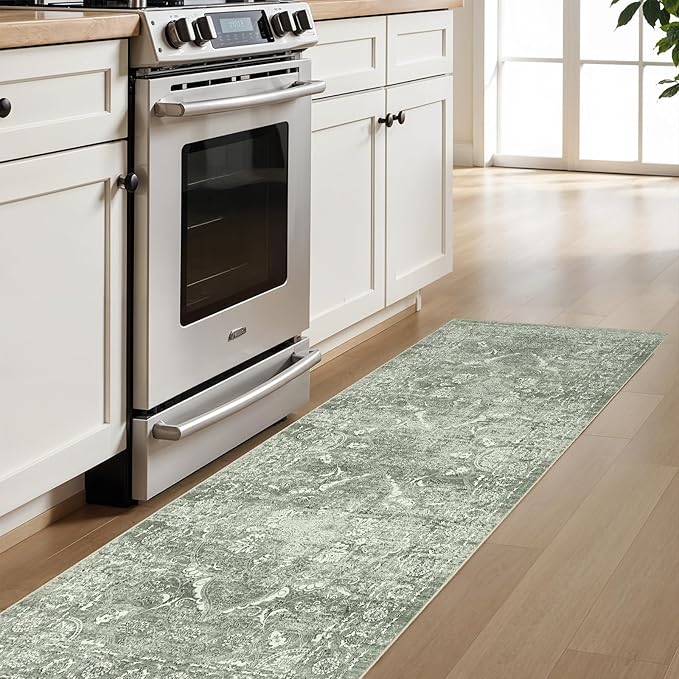2'6"x8' Washable Hallway Runner Rug - Non Slip Kitchen Runner Rugs with Rubber Backing Vintage Low-Pile Carpet Runners for Entryway Dining Room Laundry Room Home Decor (Muted Sage Green)