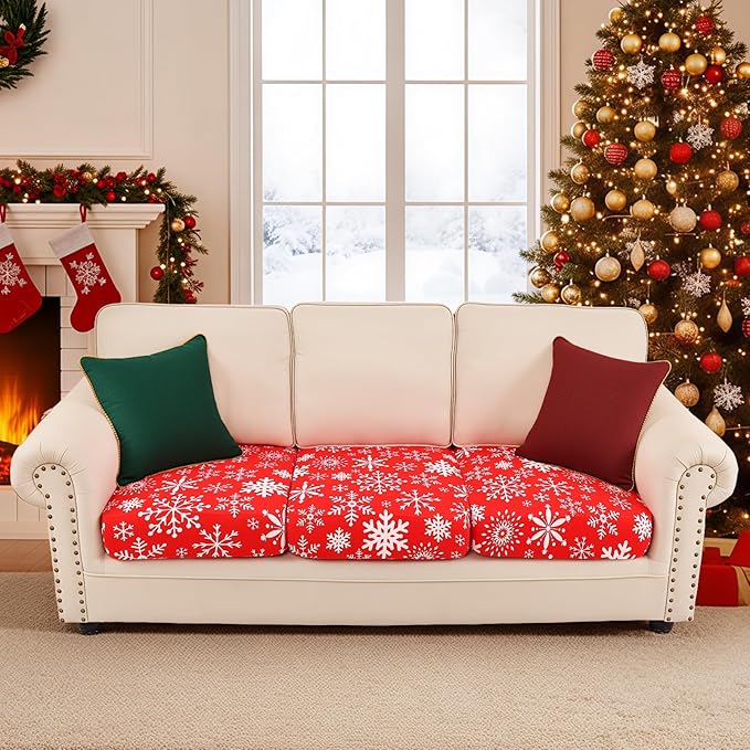 Smiry Printed Couch Cushion Covers, Stretch Soft Couch Covers for Sofa, Washable Non-Slip Sofa Slipcover Furniture Protector for Indoor and Outdoor (3 Pack, Red with White)