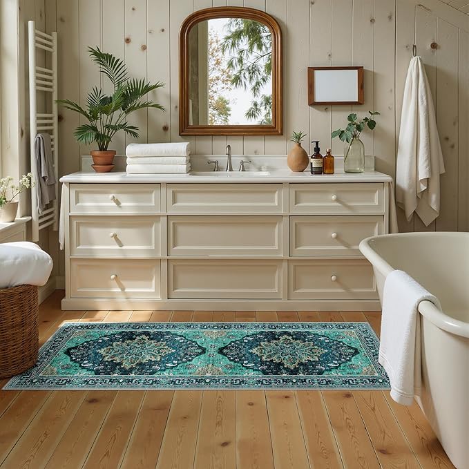 RELEANY Area Rugs 2'x5' Runner Rug Non Slip Washable for Kitchen Hallway Bedroom Beside Laundry Room Bathroom Rug, Floor Carpet, Teal Green Lake Blue Turquoise