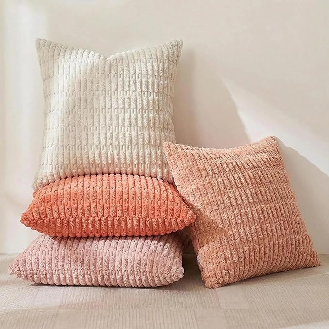 Fancy Homi 4 Packs Boho Blush Pink Big Decorative Throw Pillow Covers 24x24 Inch for Living Room Couch, Soft Plush Striped Corduroy Square Light Pink Coral Peach Cream Colorful Cushion Case 60x60 cm