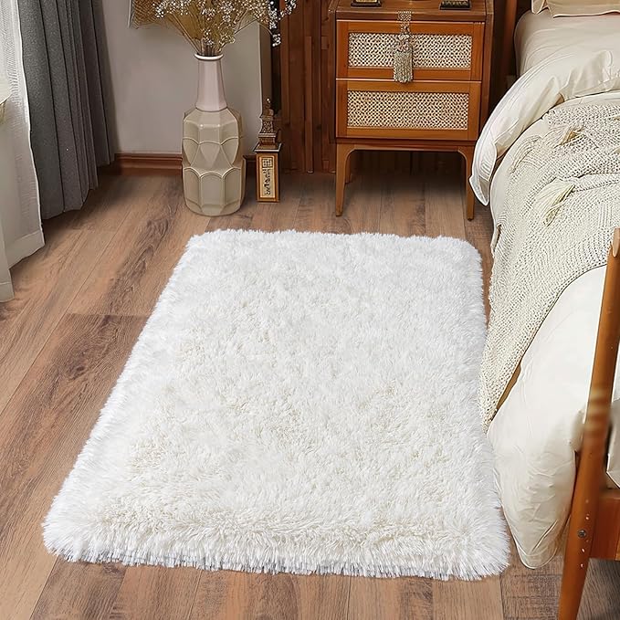 Ultra Soft Runner Rugs for Bedroom Hallways with Upgraded Non-Slip Rubber Backing & Thick Memory Sponge, 2x3 Feet Fluffy Shag Throw Area Rug for Bedside Dorm Cream