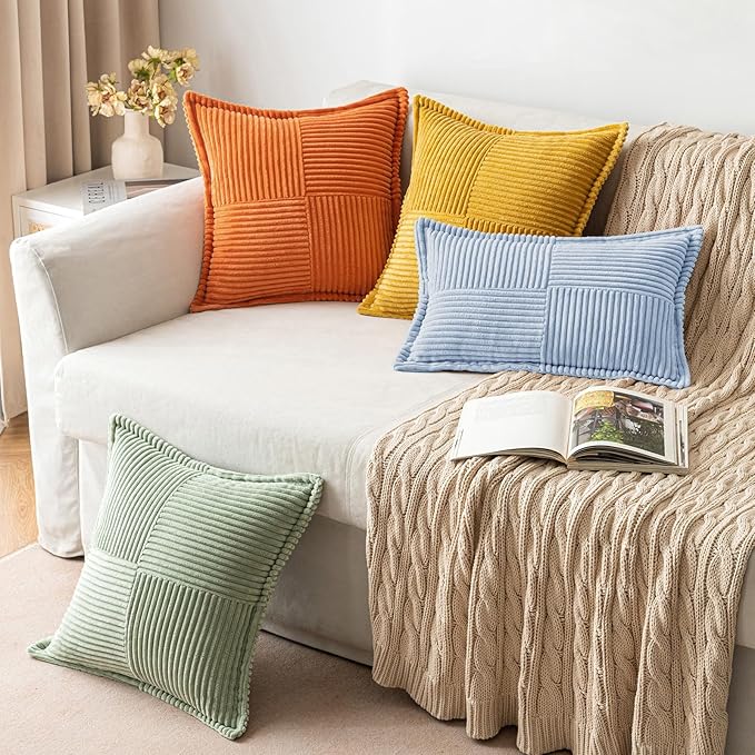 MIULEE Decorative Throw Pillow Covers for Couch Bed Livingroom 20x20 Inch Set of 2 Light Blue Boho Accent Throw Pllows Broadside Striped Patchwork Soft Corduroy Pillowcases