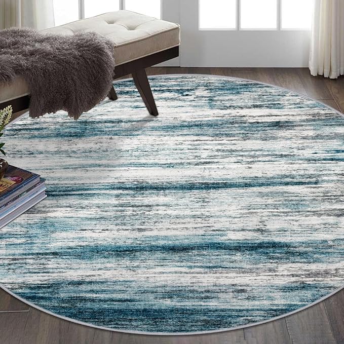 KOZYFLY Round Washable Rugs 6Ft Modern Abstract Ombre Rug for Bedroom, Washable Circle Rug Non-Slip Soft Striped Living Room Area Rug, Print Blue Carpet for Laundry Nursery