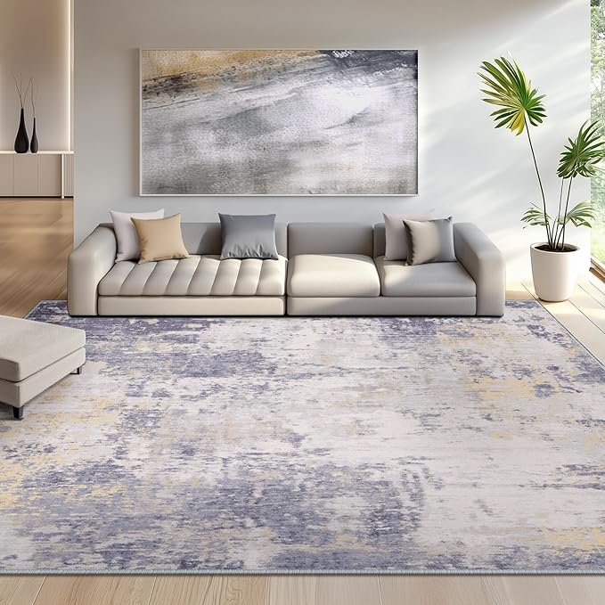 Washable Area Rugs 6'x8' Non-Slip Modern Abstract Soft for Living Room Entryway Bedroom Nursery, Print Pattern, Purple Grey Cream Yellow