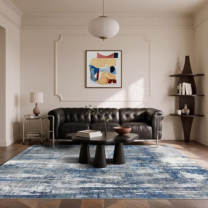 Latte&Fog 6x9 Area Rugs for Living Room Bedroom, Blue Modern Abstract Neutral Washable Rug, Boho Non Slip Low Pile Carpet for Dining Room, Dorm,College Dorm and Farmhouse -Blue Grey