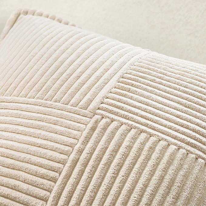 MIULEE Decorative Lumbar Throw Pillow Covers for Couch Bed Livingroom 12x20 Inch Set of 2 Beige Boho Accent Throw Pllows Broadside Striped Patchwork Soft Corduroy Pillowcases