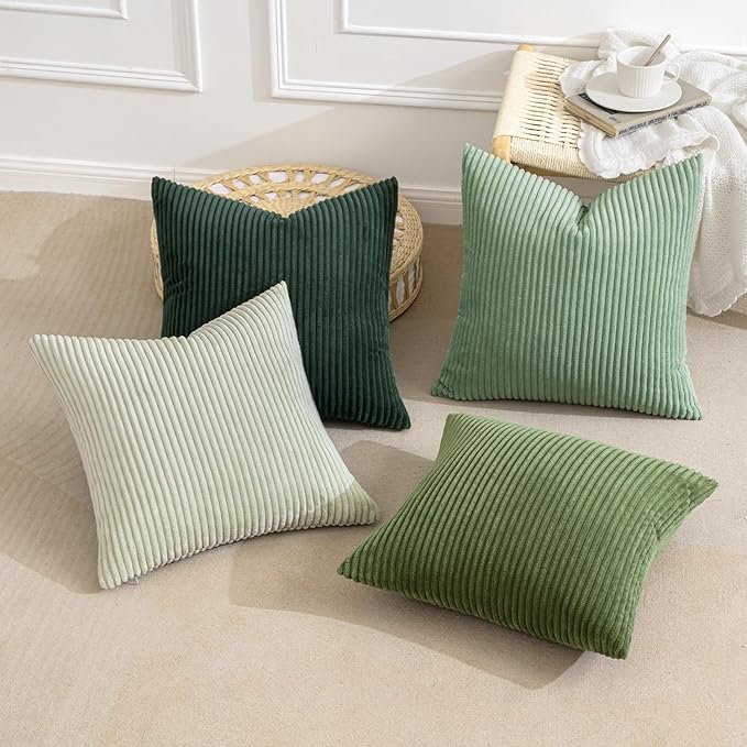MIULEE Boho Farmhouse Sage Green Throw Pillow Covers 16x16 Inch Set of 4 Mordern Nordic Cushion Covers Soft Corduroy Spring Home Decor for Couch Bed Sofa Living Room Forest Green