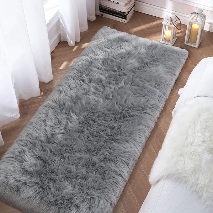 Grey Fluffy Rug for Bedroom, 2'X6' Faux Fur Rug for Runner, Gray Soft Shag Rug for Sofa Couch Cushion, Cozy Shaggy Fuzzy Plush Floor Carpet for Nursery, Cute Bedside Dorm Home Decor Rectangle