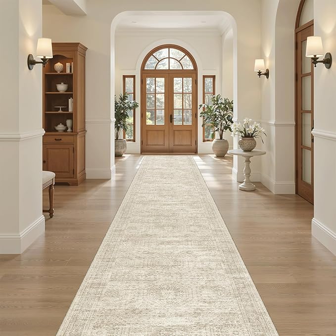 Soalmost Runner Rug 2'6" x 14' Washable Non-Slip Runner Rugs for Kitchen Bathroom Laundry Room Vintage Ultra Thin Runners for Hallway Entryway Beige