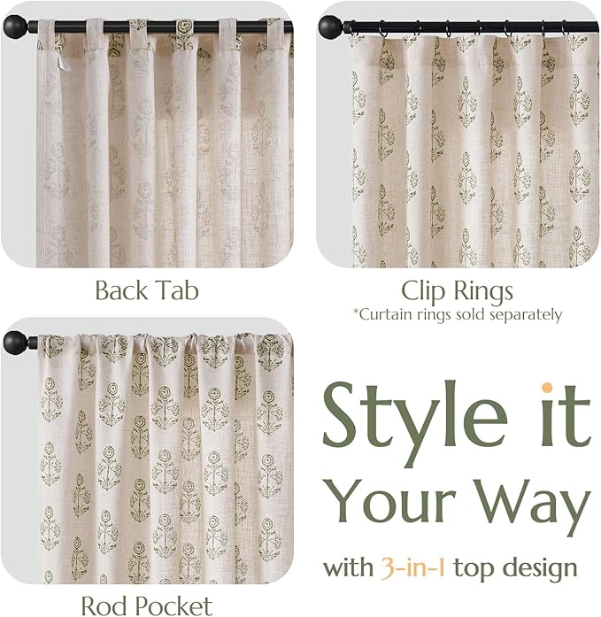jinchan Linen Floral Curtains for Living Room 63 Inch Length Green Flower Cottage Core Farmhouse Curtains Rod Pocket Back Tab Boho Semi Sheer Window Drapes Bedroom Set 2 Panels Green on Beige